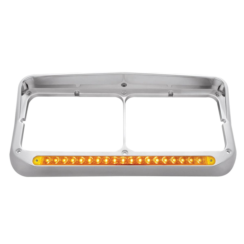 Chrome Rectangular Dual Headlight Bezel With Visor & Light Bar - Amber LED/Amber Lens