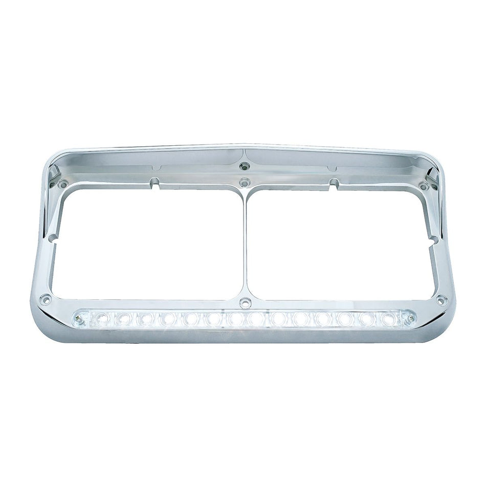 Chrome Rectangular Dual Headlight Bezel With Visor - White LED/Clear Lens